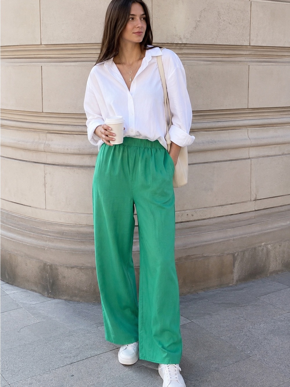 Commense Women’s Green Solid Wide-Leg Pants Elastic Waist Size M Regular